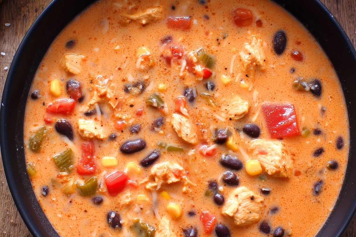 Close-up of creamy high protein chicken burrito soup with tender chicken, black beans, corn, tomatoes, and red and green bell peppers in a black bowl.
