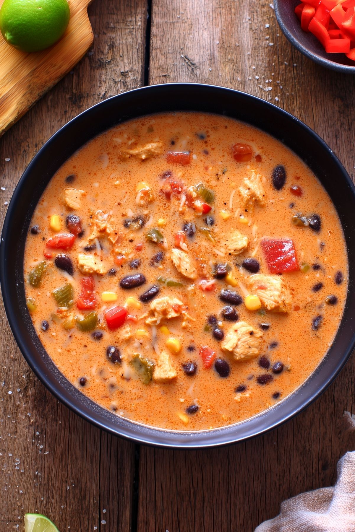 Overhead view of creamy chicken burrito soup with chicken, black beans, corn, tomatoes, and bell peppers in a black bowl on rustic wood, with lime and chopped red pepper nearby.