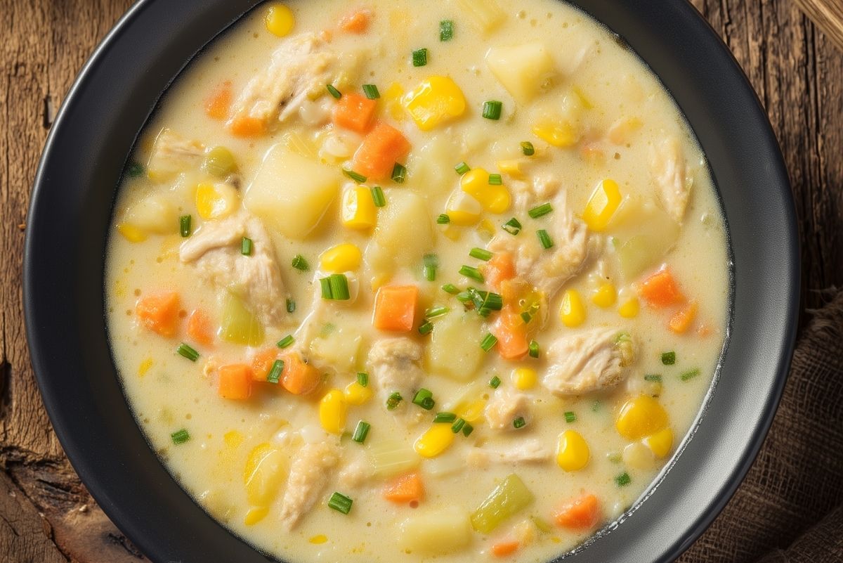 Overhead view of creamy chicken corn chowder with chicken, corn, potatoes, carrots, celery, and chopped chives in a matte black bowl on rustic wood.