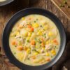 Creamy high protein chicken corn chowder with chicken, corn, potatoes, carrots, celery, and chives in a black bowl on a rustic wooden table. A second bowl, corn cob, and spoon sit nearby.