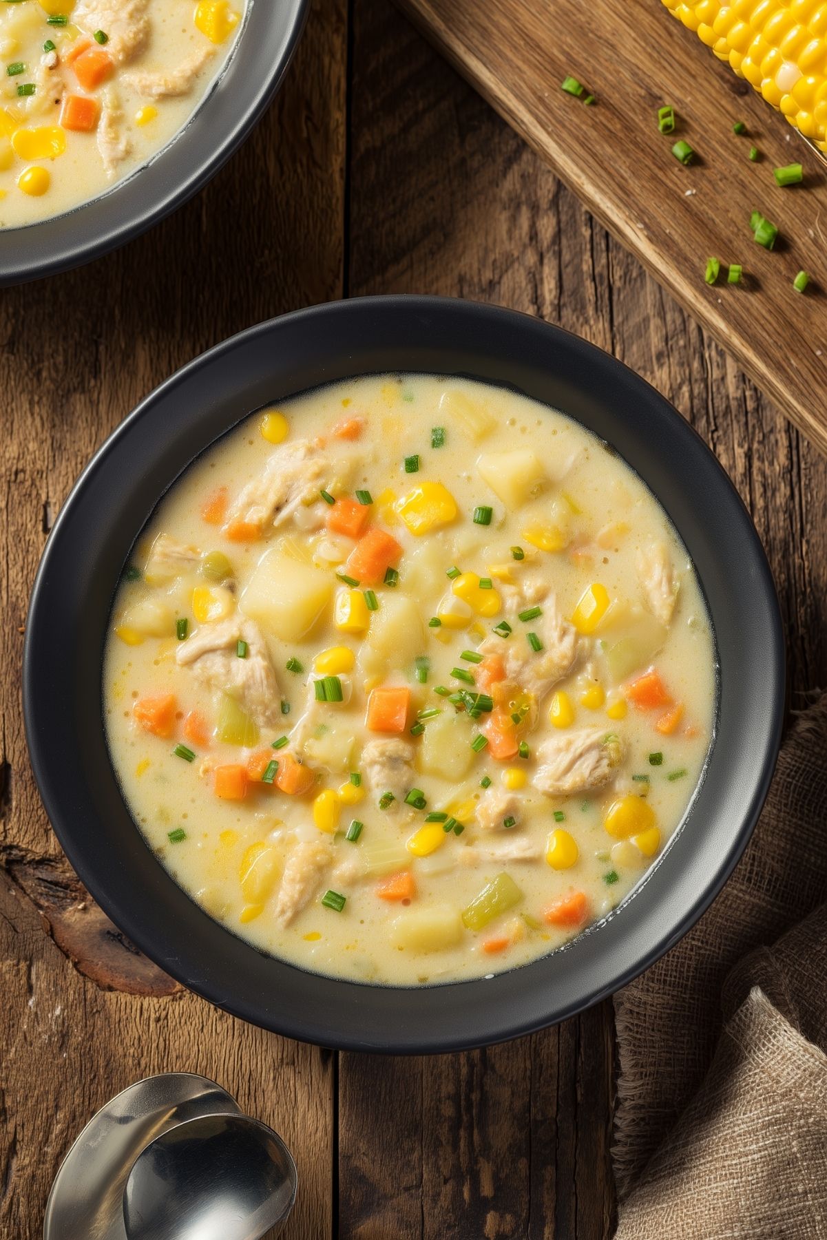 Creamy high protein chicken corn chowder with chicken, corn, potatoes, carrots, celery, and chives in a black bowl on a rustic wooden table. A second bowl, corn cob, and spoon sit nearby.