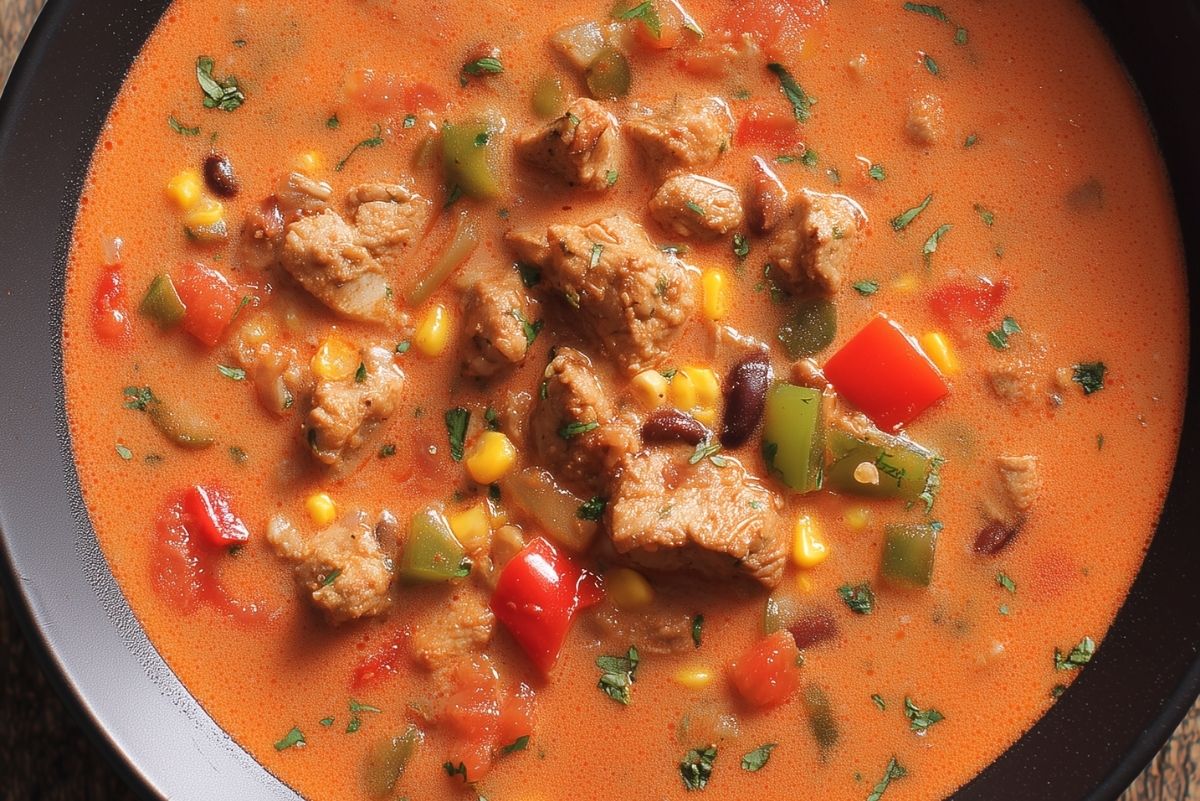 Close-up of creamy high protein chicken fajita soup with bite-sized chicken, red and green bell peppers, corn, black beans, tomatoes, and herbs in a black bowl.