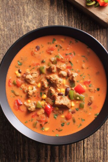 Overhead view of high protein chicken fajita soup with chicken, bell peppers, corn, black beans, and tomatoes in a creamy red broth, served in a black bowl on rustic wood.