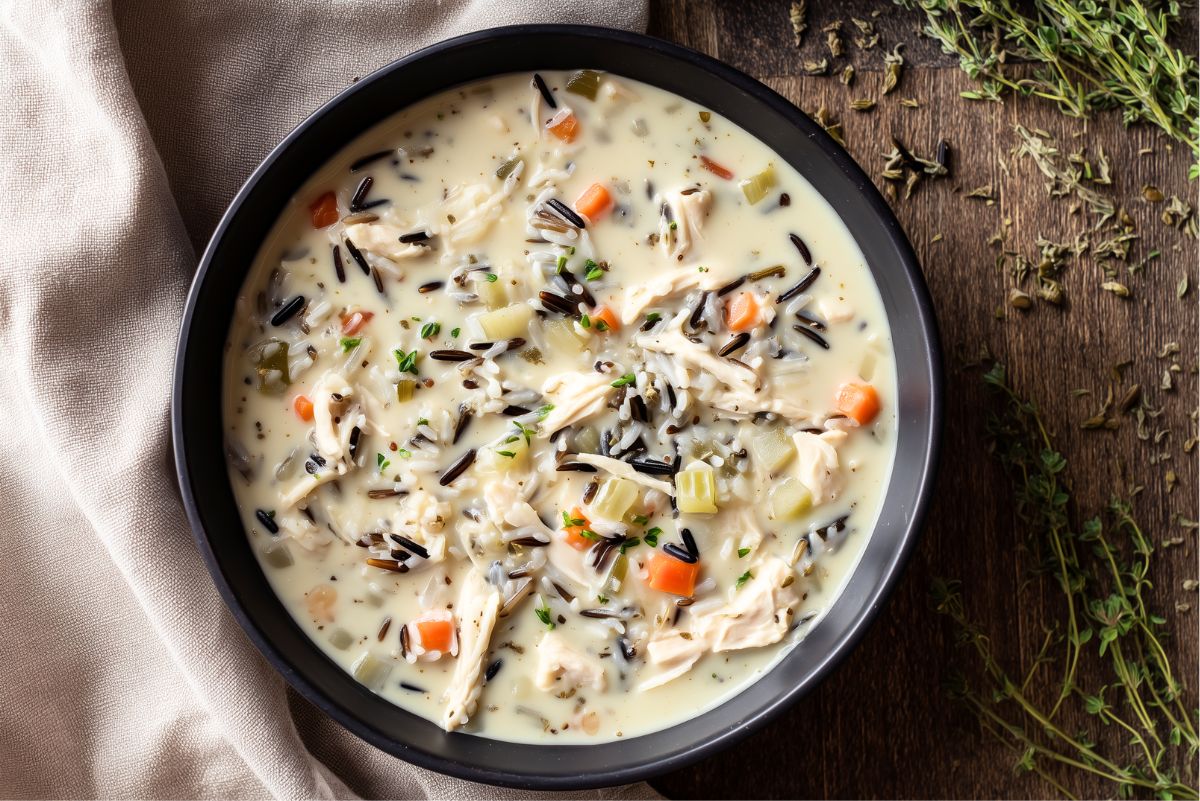 High protein creamy chicken and wild rice soup with shredded chicken, wild rice, carrots, celery, herbs, and vegetables in a creamy broth, served in a black bowl on a rustic wooden table with thyme.