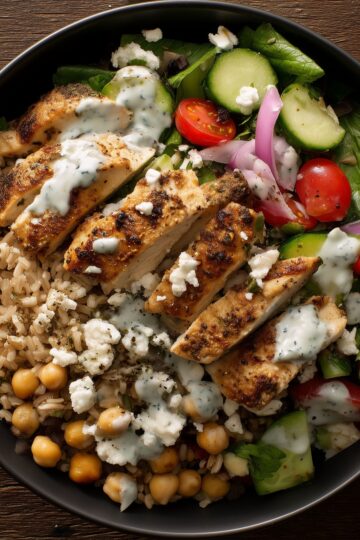 High protein Greek chicken bowl with seasoned grilled chicken, brown rice, chickpeas, cucumber, cherry tomatoes, red onion, feta cheese, leafy greens, and creamy Greek yogurt sauce in a black bowl.