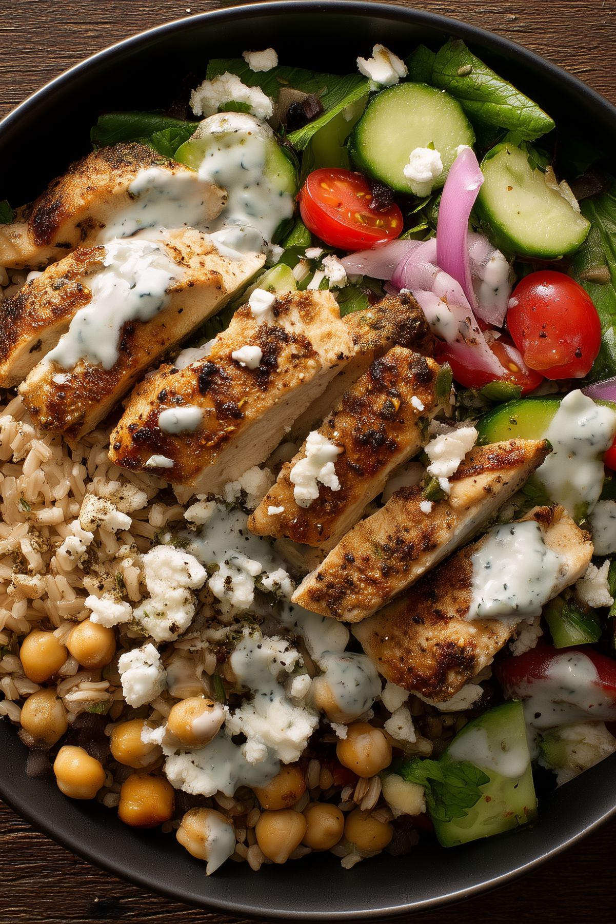 High protein Greek chicken bowl with seasoned grilled chicken, brown rice, chickpeas, cucumber, cherry tomatoes, red onion, feta cheese, leafy greens, and creamy Greek yogurt sauce in a black bowl.