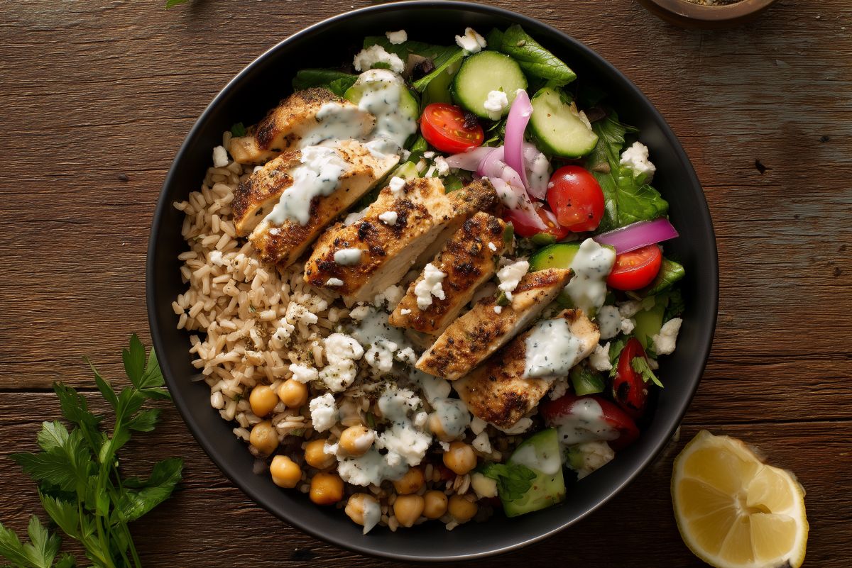 High protein Greek chicken bowl with grilled chicken, brown rice, chickpeas, cucumber, cherry tomatoes, red onion, feta, leafy greens, and creamy lemon yogurt sauce in a black bowl, served with fresh parsley and a lemon wedge.