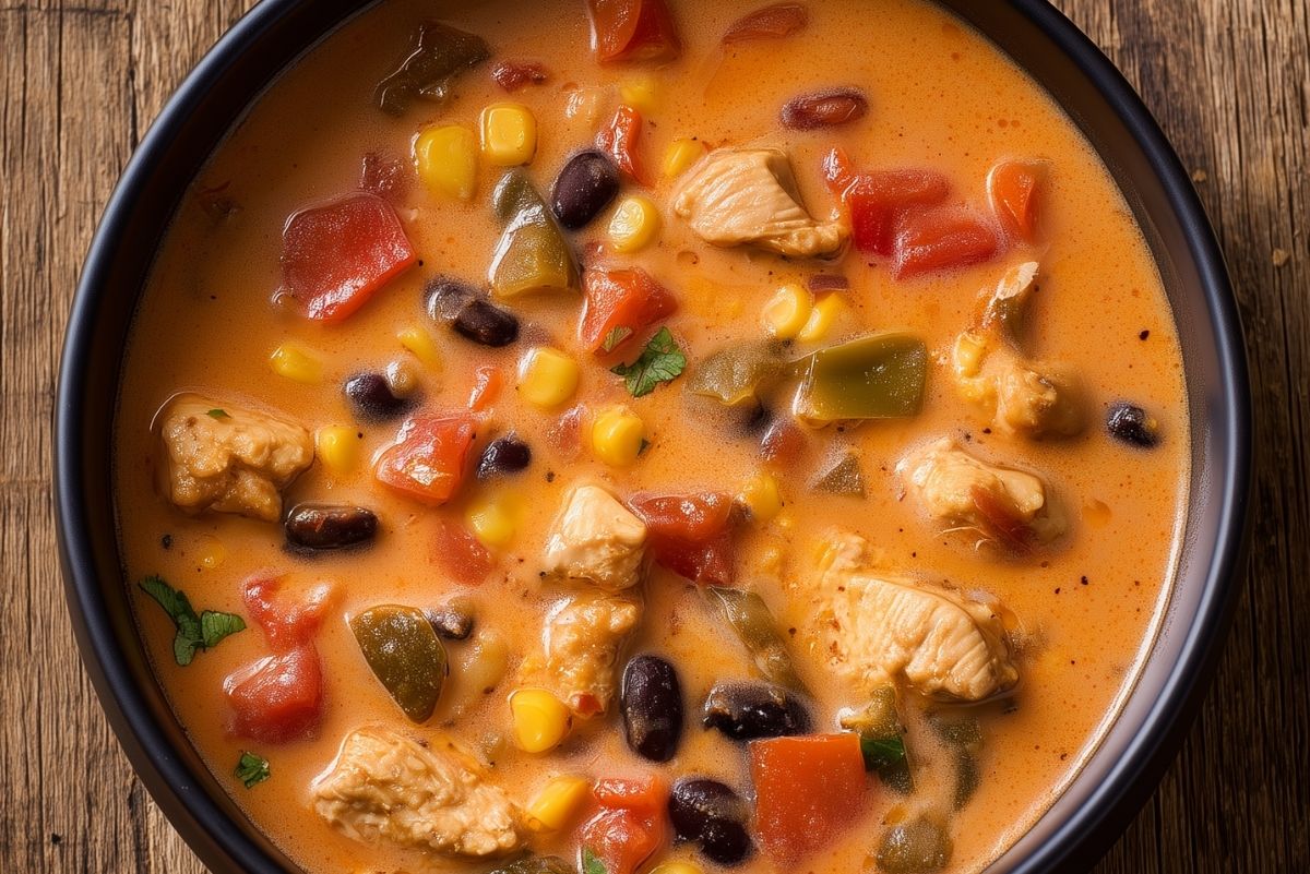 Overhead close-up of high protein Southwest chicken soup with tender chicken, black beans, corn, tomatoes, and green peppers in a creamy orange broth.