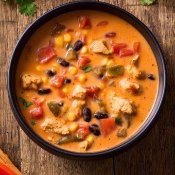 Matte black bowl of high protein Southwest chicken soup with chicken, black beans, corn, tomatoes, and peppers, surrounded by bell peppers and cilantro on rustic wood.