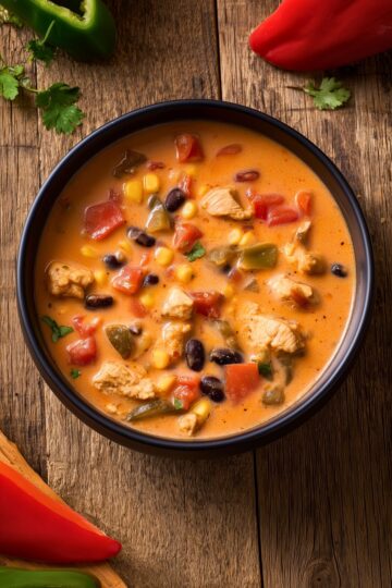 Matte black bowl of high protein Southwest chicken soup with chicken, black beans, corn, tomatoes, and peppers, surrounded by bell peppers and cilantro on rustic wood.