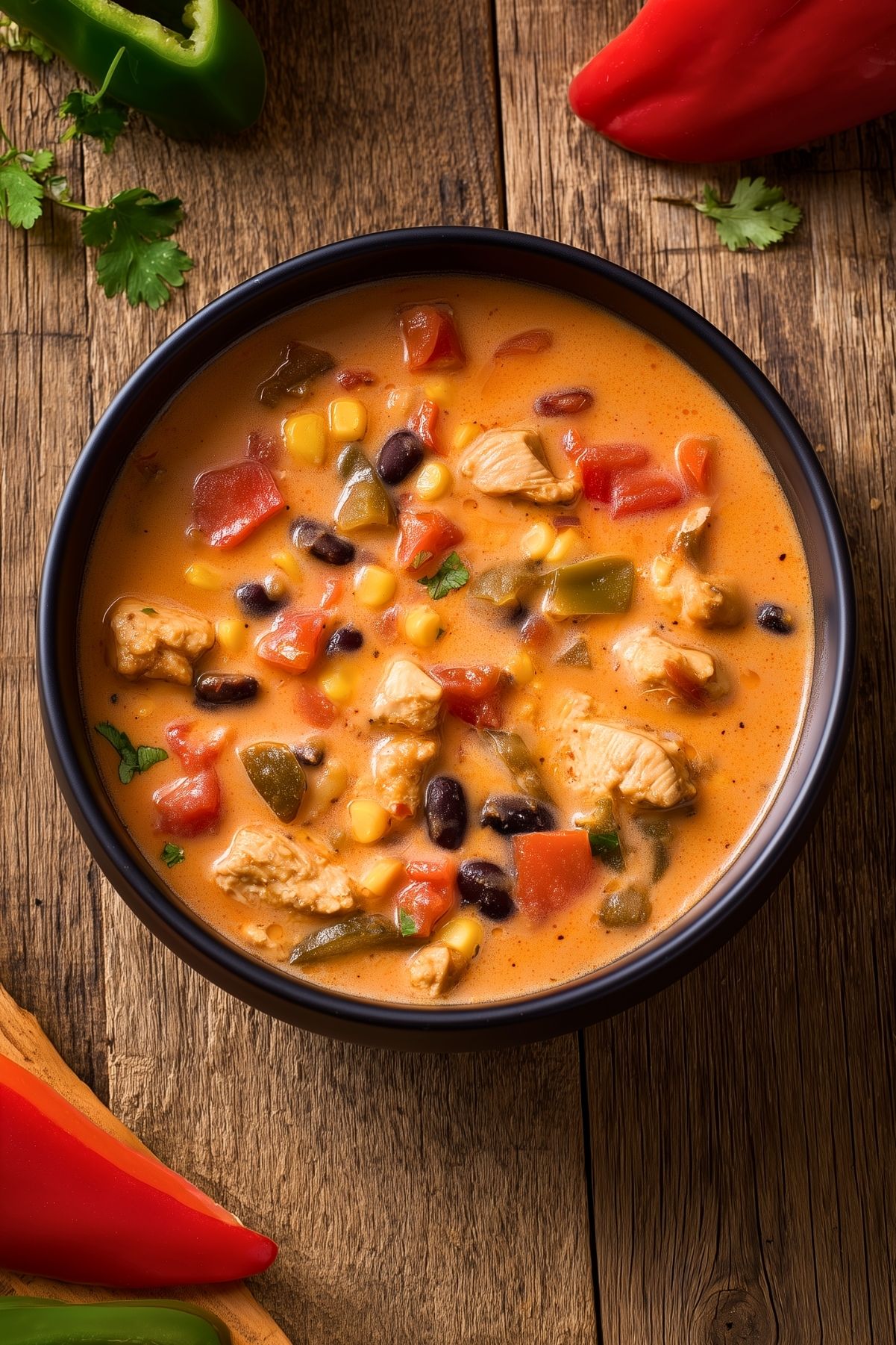 Matte black bowl of high protein Southwest chicken soup with chicken, black beans, corn, tomatoes, and peppers, surrounded by bell peppers and cilantro on rustic wood.
