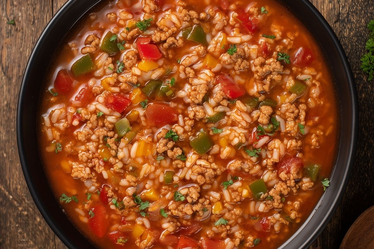 Overhead close-up of stuffed pepper soup with ground turkey, brown rice, tomatoes, and diced red, yellow, and green bell peppers in a black bowl on rustic wood.