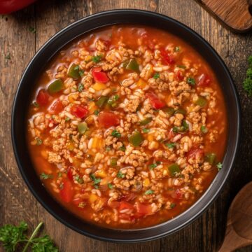 Overhead view of stuffed pepper soup with ground turkey, rice, tomatoes, and colorful bell peppers in a black bowl, surrounded by whole peppers, parsley, and a wooden spoon.