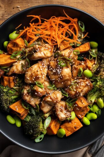 Overhead honey garlic chicken sweet potato bowl with glazed chicken, roasted sweet potatoes, broccoli, shredded carrots, edamame, green onions, and sesame seeds in a black bowl on a rustic wood table.