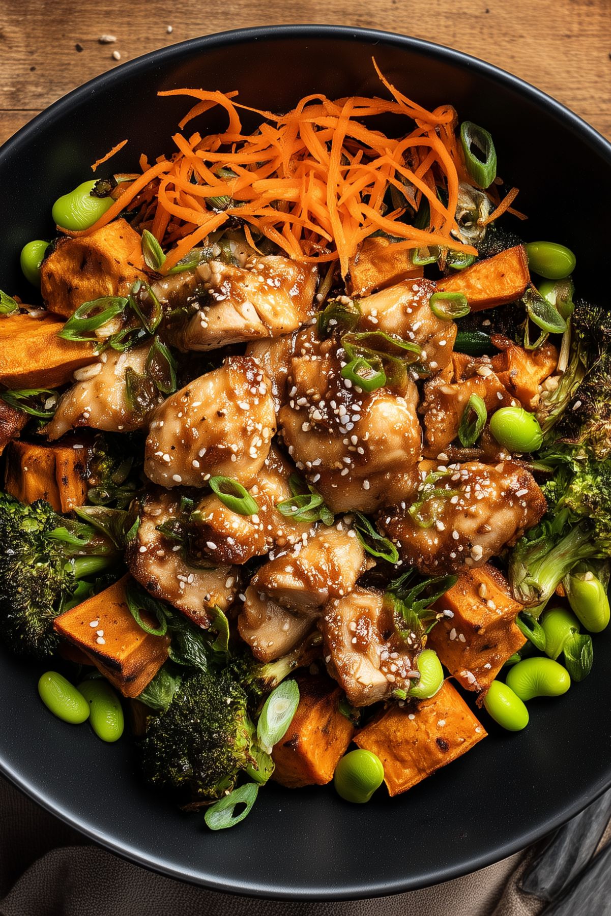 Overhead honey garlic chicken sweet potato bowl with glazed chicken, roasted sweet potatoes, broccoli, shredded carrots, edamame, green onions, and sesame seeds in a black bowl on a rustic wood table.