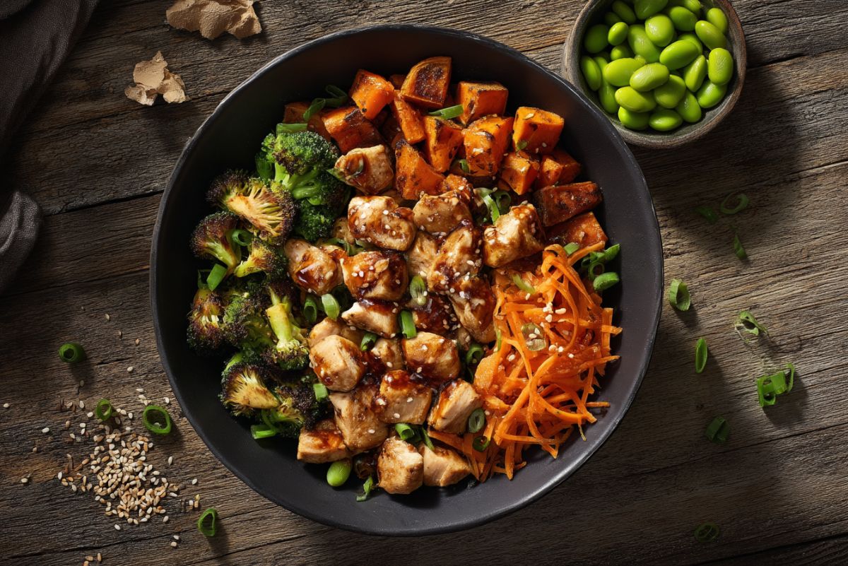 Overhead honey garlic chicken sweet potato bowl with glazed chicken, roasted sweet potatoes, broccoli, shredded carrots, edamame, green onions, and sesame seeds in a black bowl on a rustic wooden table.