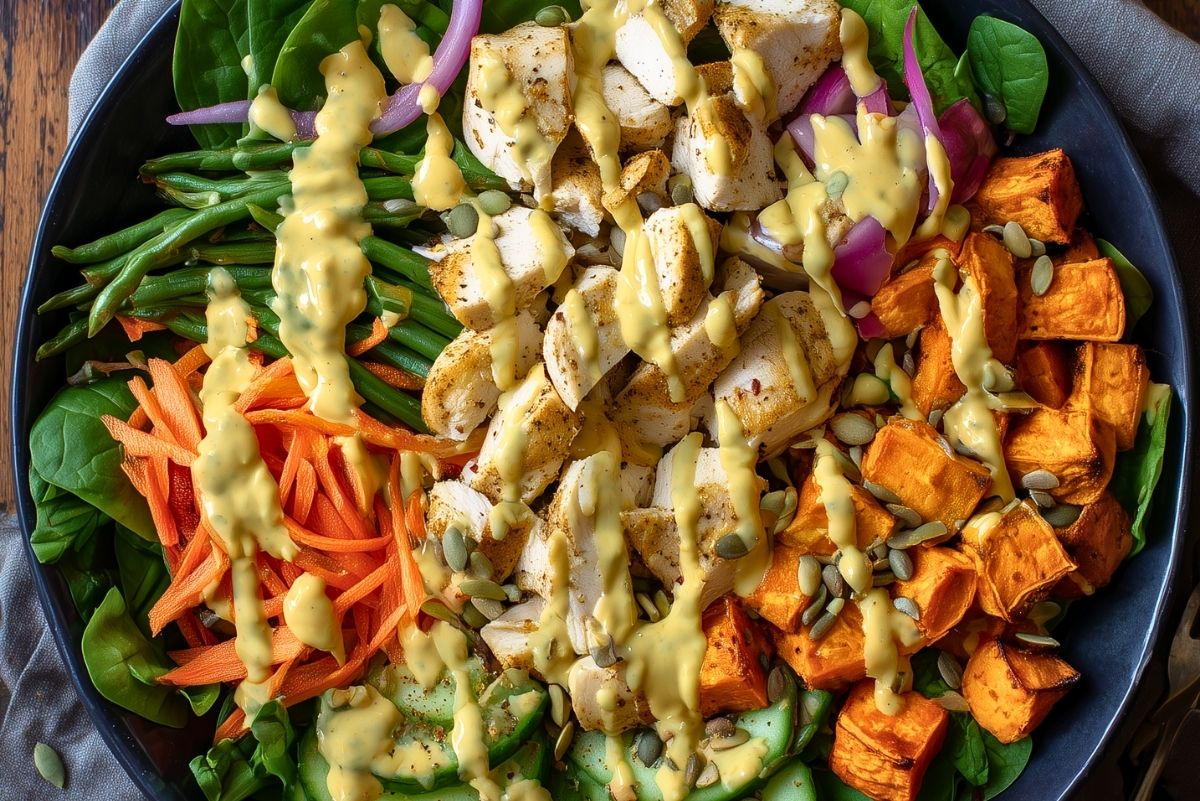 Honey mustard chicken sweet potato bowl with roasted sweet potatoes, green beans, spinach, carrots, cucumber, red onion, pumpkin seeds, and creamy honey mustard sauce.
