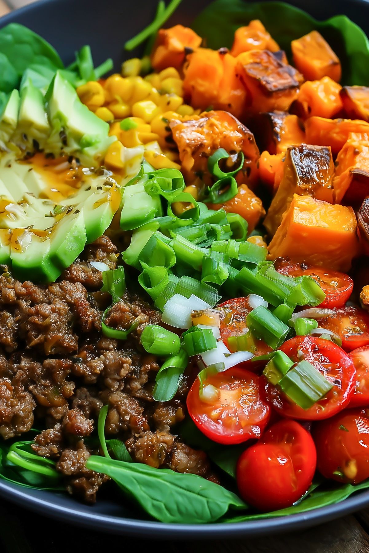 Hot honey beef sweet potato bowl with seasoned ground beef, roasted sweet potatoes, avocado, corn, spinach, cherry tomatoes, and sliced green onions in a black bowl.