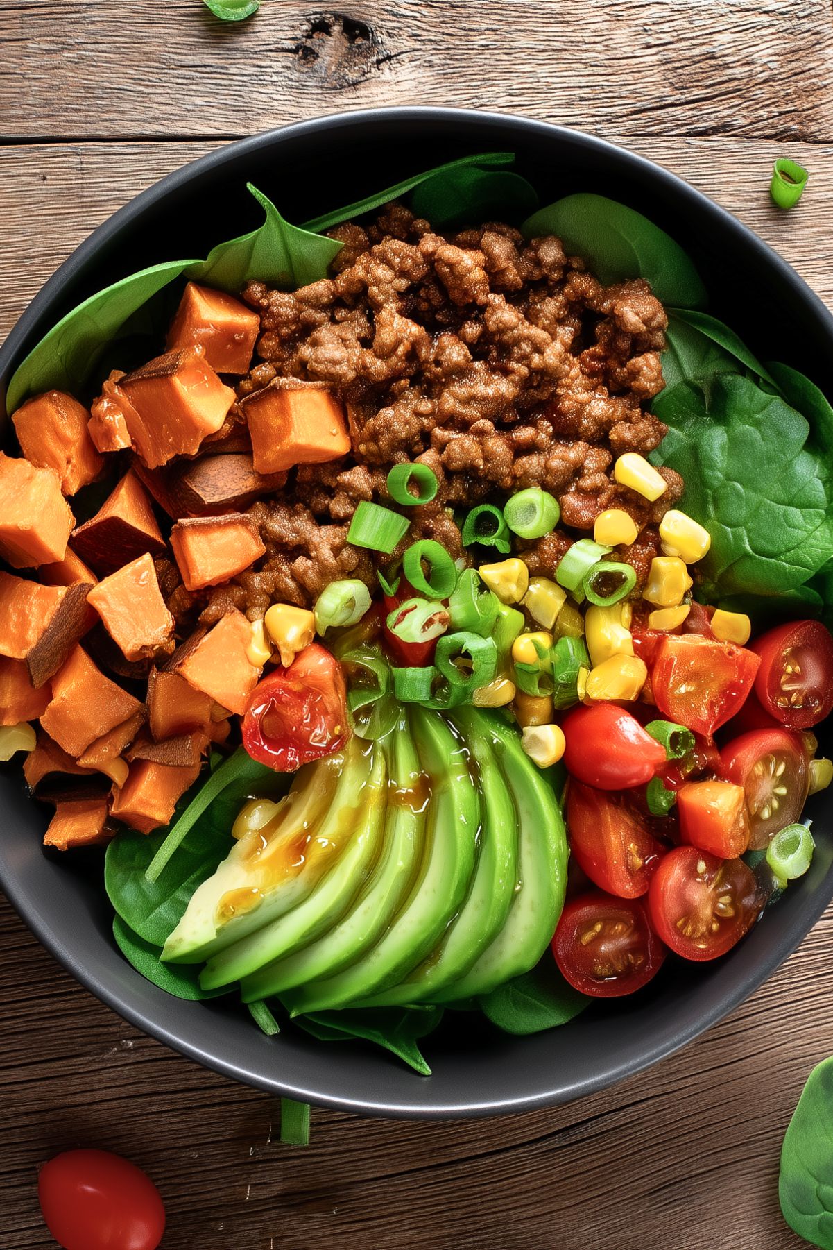 Hot honey beef sweet potato bowl with ground beef, roasted sweet potatoes, sliced avocado, spinach, corn, cherry tomatoes, and green onions in a black bowl.