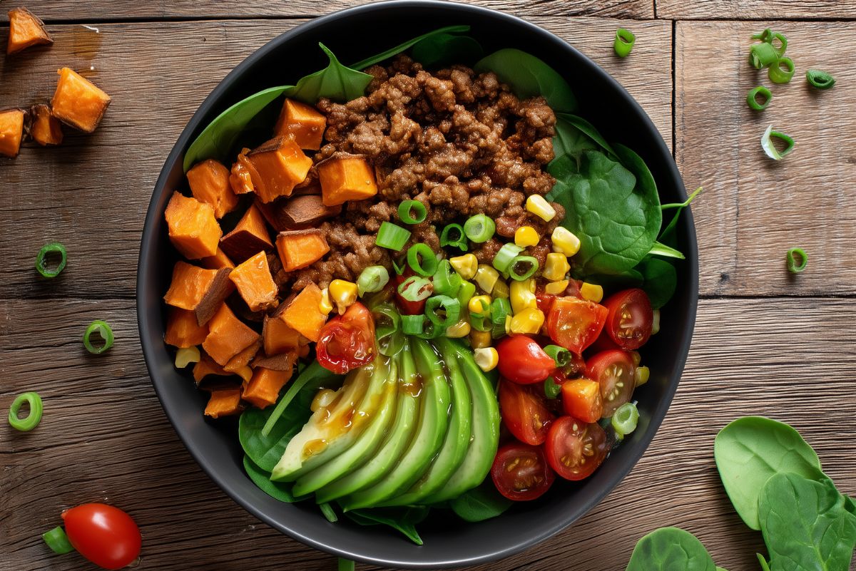 Hot honey beef sweet potato bowl with seasoned ground beef, roasted sweet potatoes, avocado, spinach, cherry tomatoes, corn, and green onions on a rustic wooden table.