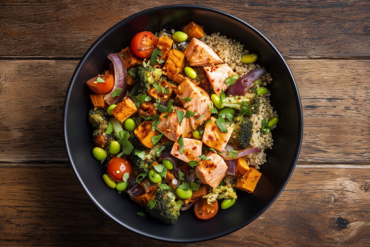 Overhead hot honey salmon sweet potato bowl with quinoa, roasted sweet potatoes, broccoli, edamame, cherry tomatoes, red onion, and herbs, topped with glazed salmon in a black bowl on a rustic wooden table.