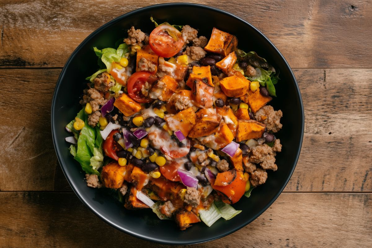 Overhead view of a high protein hot honey turkey sweet potato bowl with ground turkey, roasted sweet potatoes, black beans, corn, tomatoes, red onion, lettuce, and creamy sauce.