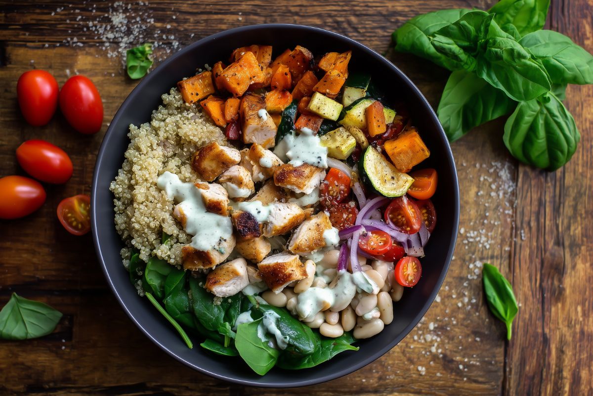 Italian chicken sweet potato bowl with roasted chicken, sweet potatoes, quinoa, zucchini, spinach, white beans, cherry tomatoes, red onion, and creamy dressing on a rustic wooden table.