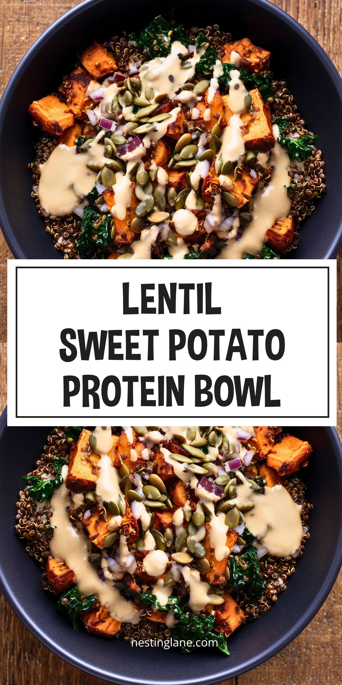 Lentil sweet potato protein bowl with roasted sweet potatoes, lentils, kale, red onion, pumpkin seeds, and creamy dressing. Text reads “Lentil Sweet Potato Protein Bowl” and “nestinglane.com.”