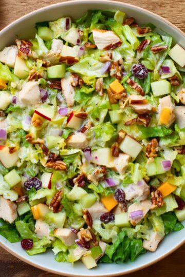 Close-up of maple Dijon chicken chopped salad with chicken, apples, pecans, cranberries, cheddar cheese, red onion, and chopped lettuce.