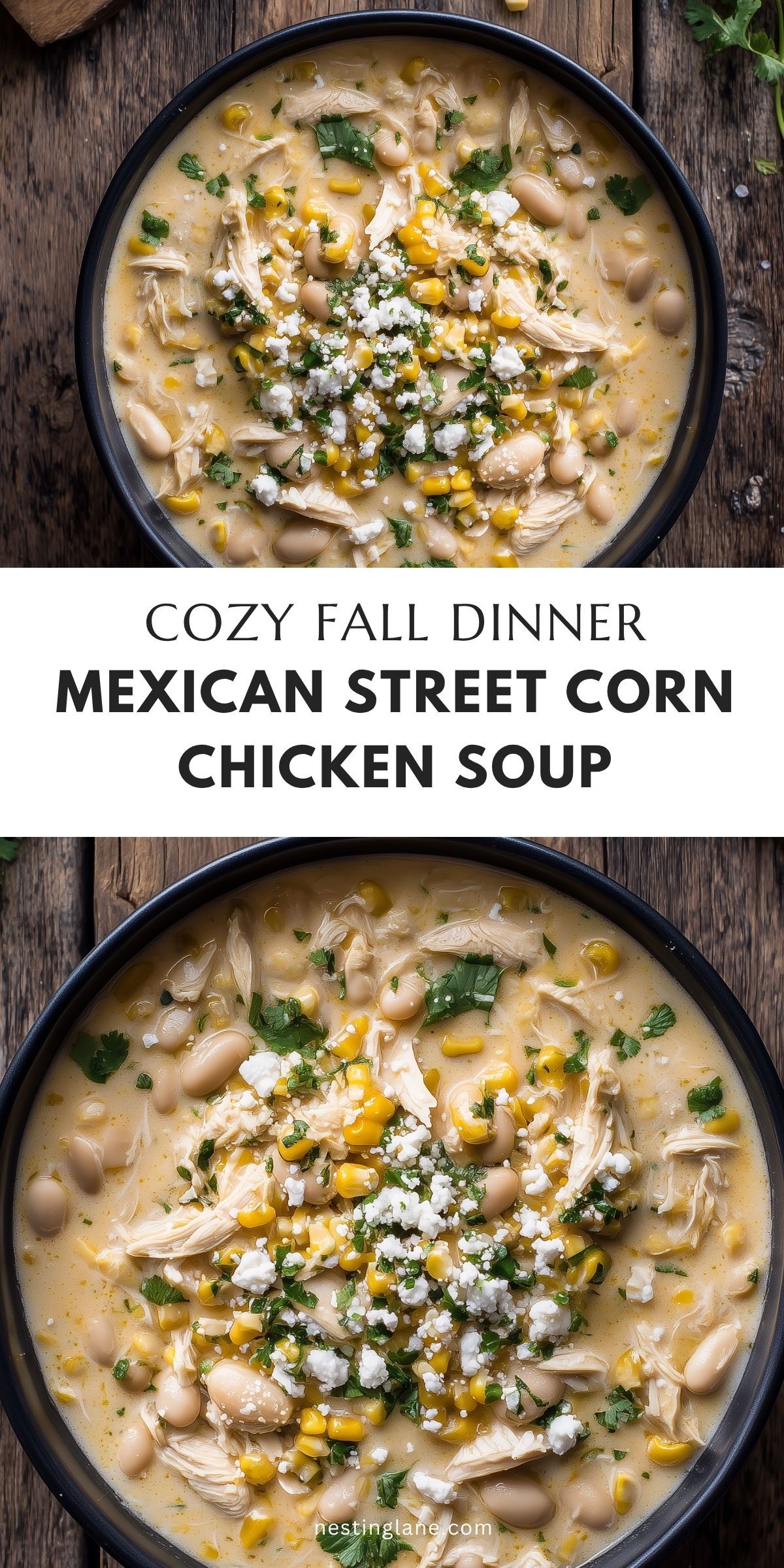 Pinterest graphic with creamy chicken and corn soup in a black bowl. Text reads “Cozy Fall Dinner: Mexican Street Corn Chicken Soup” and “nestinglane.com.”