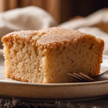 Old fashioned applesauce coffee cake with a moist, golden-brown crumb and lightly sugared top, served as a thick square slice on a rustic ceramic plate with a fork.