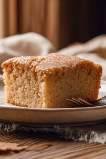 Old fashioned applesauce coffee cake with a moist, golden-brown crumb and lightly sugared top, served as a thick square slice on a rustic ceramic plate with a fork.