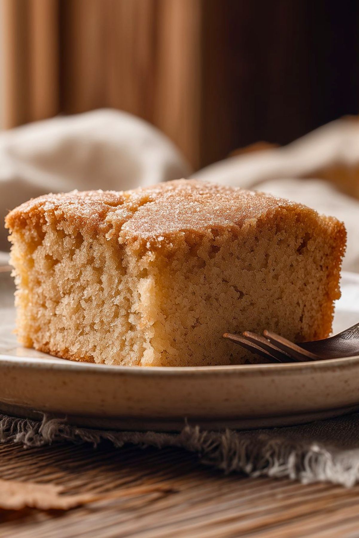 Old fashioned applesauce coffee cake with a moist, golden-brown crumb and lightly sugared top, served as a thick square slice on a rustic ceramic plate with a fork.