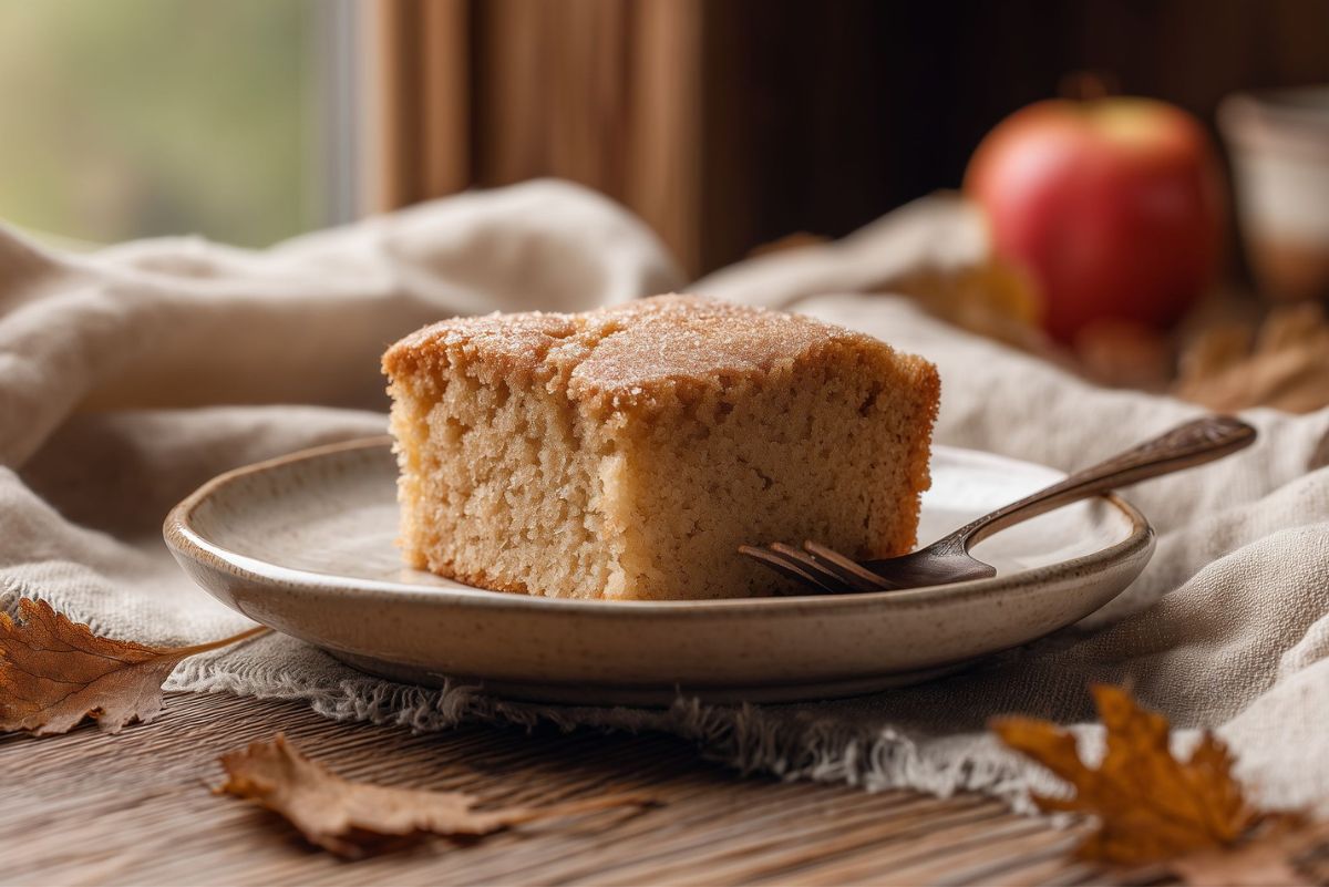 Old fashioned applesauce coffee cake with a soft, golden-brown crumb and lightly sugared top, served as a square slice on a rustic ceramic plate with a fork, an apple, and autumn leaves in the background.