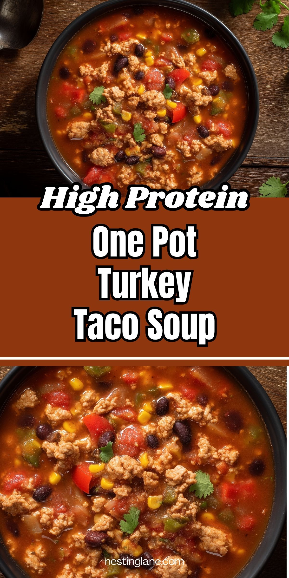 High protein one pot turkey taco soup with ground turkey, black beans, corn, tomatoes, bell peppers, and cilantro in a black bowl. Text reads “High Protein One Pot Turkey Taco Soup” and “nestinglane.com.”