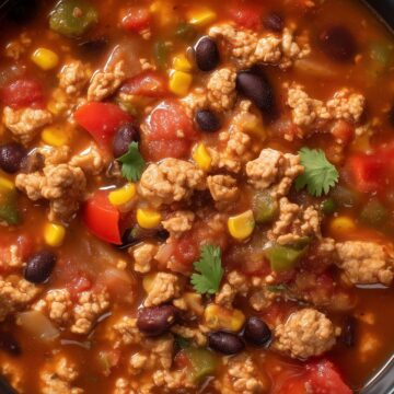 One pot turkey taco soup with ground turkey, black beans, corn, diced tomatoes, bell peppers, onions, and cilantro in a seasoned tomato broth, served in a black bowl.