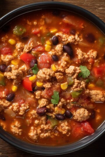 One pot turkey taco soup with ground turkey, black beans, corn, diced tomatoes, bell peppers, onions, and cilantro in a seasoned tomato broth, served in a black bowl.