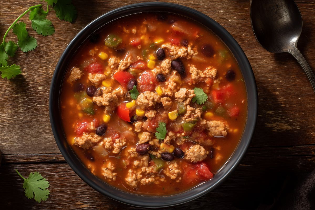 One pot turkey taco soup with ground turkey, black beans, corn, tomatoes, bell peppers, and cilantro in a black bowl on a rustic wooden table.