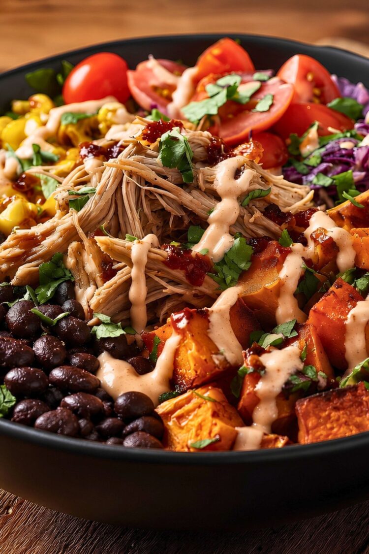 Pulled pork sweet potato bowl with roasted sweet potatoes, black beans, corn, tomatoes, red cabbage, cilantro, and creamy BBQ yogurt sauce in a black bowl.