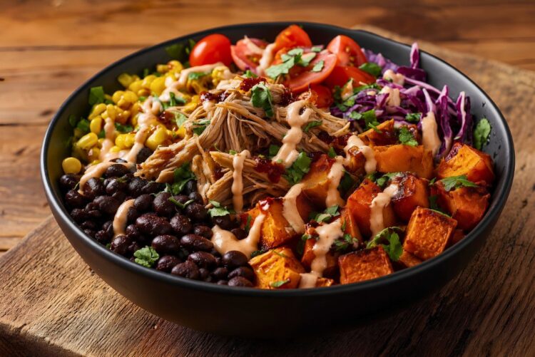 Pulled pork sweet potato bowl with roasted sweet potato cubes, black beans, corn, tomatoes, red cabbage, cilantro, and creamy BBQ yogurt sauce served in a black bowl.