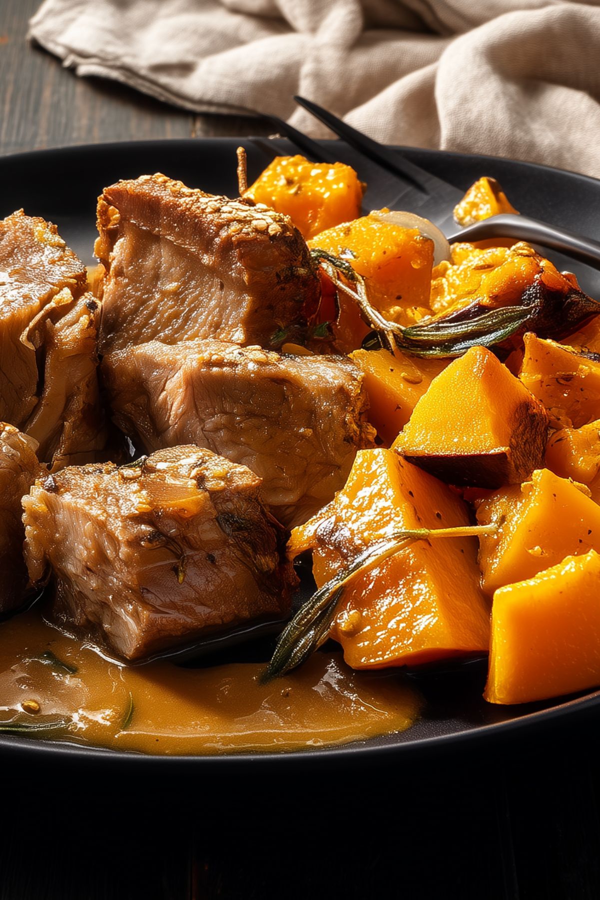 Close-up of tender braised pork with roasted pumpkin chunks in a savory brown sauce, garnished with rosemary on a black plate.