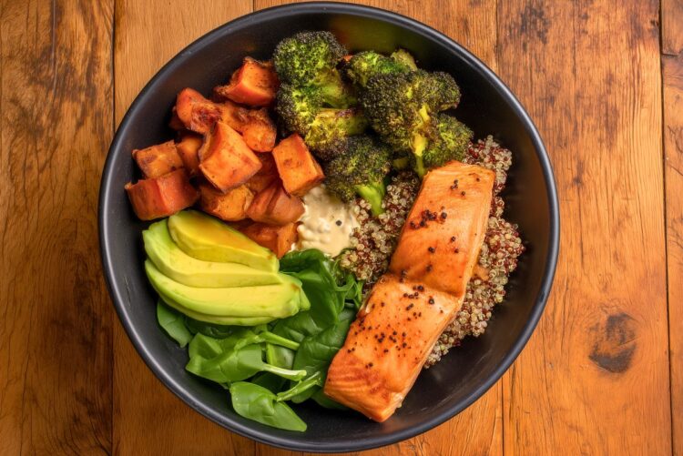 High protein salmon sweet potato bowl with seared salmon, roasted sweet potatoes and broccoli, quinoa, fresh spinach, avocado, and creamy dressing in a black bowl on a rustic wood table.