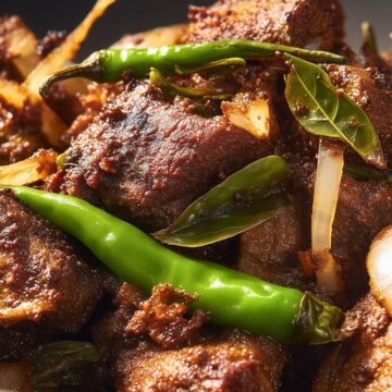 South Indian lamb pepper fry with browned lamb pieces, green chilies, curry leaves, and sliced onions in a dark bowl.