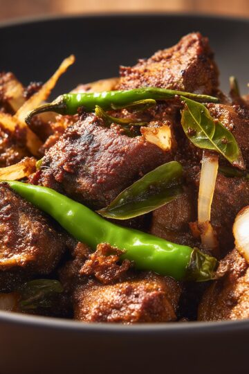 South Indian lamb pepper fry with browned lamb pieces, green chilies, curry leaves, and sliced onions in a dark bowl.