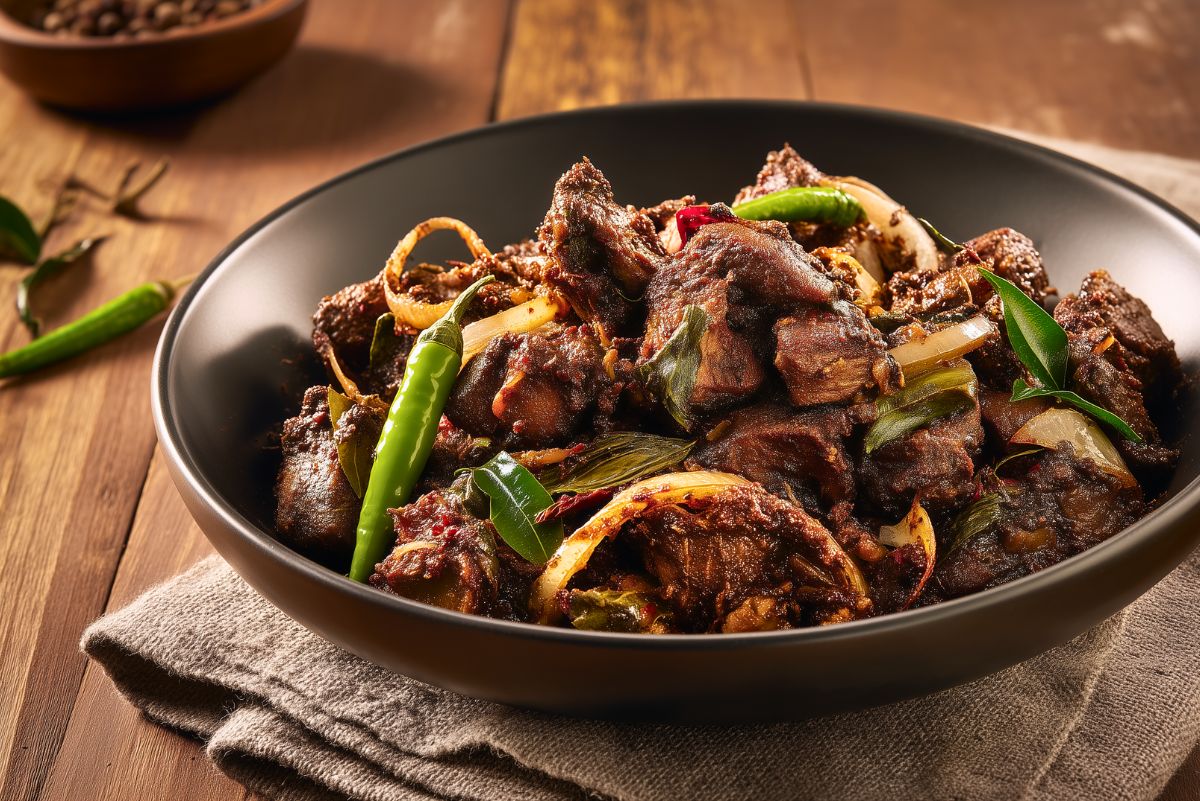 South Indian lamb pepper fry served in a black bowl with browned lamb, sliced onions, whole green chilies, curry leaves, and red chili pieces on a rustic wooden table.
