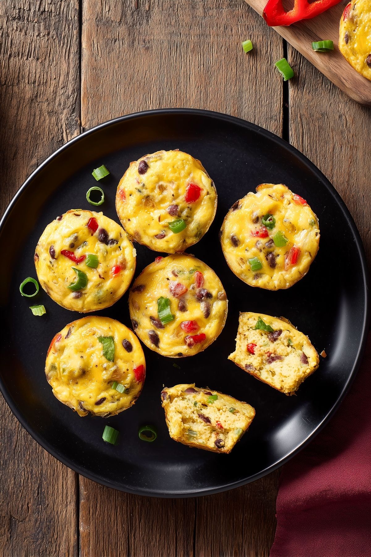 Overhead view of Southwest egg bites with black beans, red bell pepper, green onions, and cheese on a black plate, with two pieces cut open to show the interior.