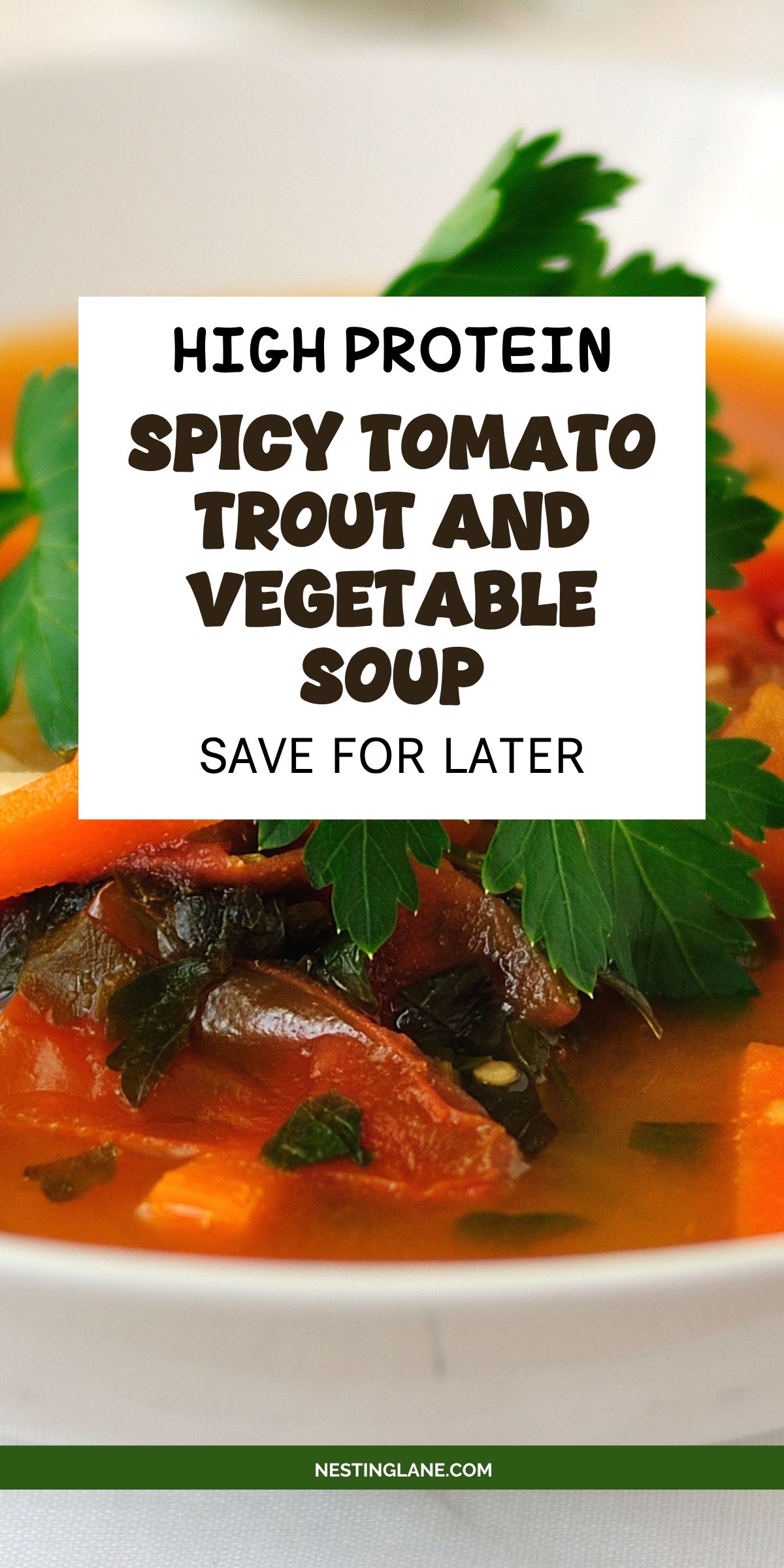 Pinterest graphic for High Protein Spicy Tomato Trout and Vegetable Soup, showing a tomato-based trout and vegetable soup with parsley. Text reads: “HIGH PROTEIN SPICY TOMATO TROUT AND VEGETABLE SOUP. SAVE FOR LATER.” NestingLane.com.