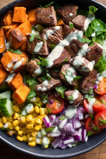 Steak sweet potato protein bowl with seared steak, roasted sweet potatoes, avocado, corn, cherry tomatoes, red onion, greens, and creamy dressing.