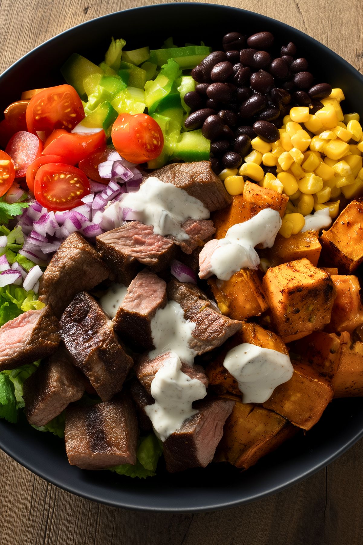 Overhead steak sweet potato protein bowl with sliced sirloin steak, roasted sweet potatoes, black beans, corn, tomatoes, green peppers, red onion, lettuce, cilantro, and creamy lime sauce in a black bowl on a rustic wood table.