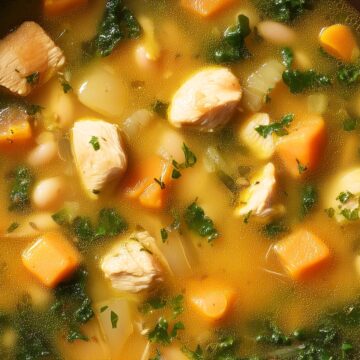 Bowl of homemade sweet potato chicken soup with tender chicken, sweet potatoes, carrots, white beans, leafy greens, and herbs in golden broth.